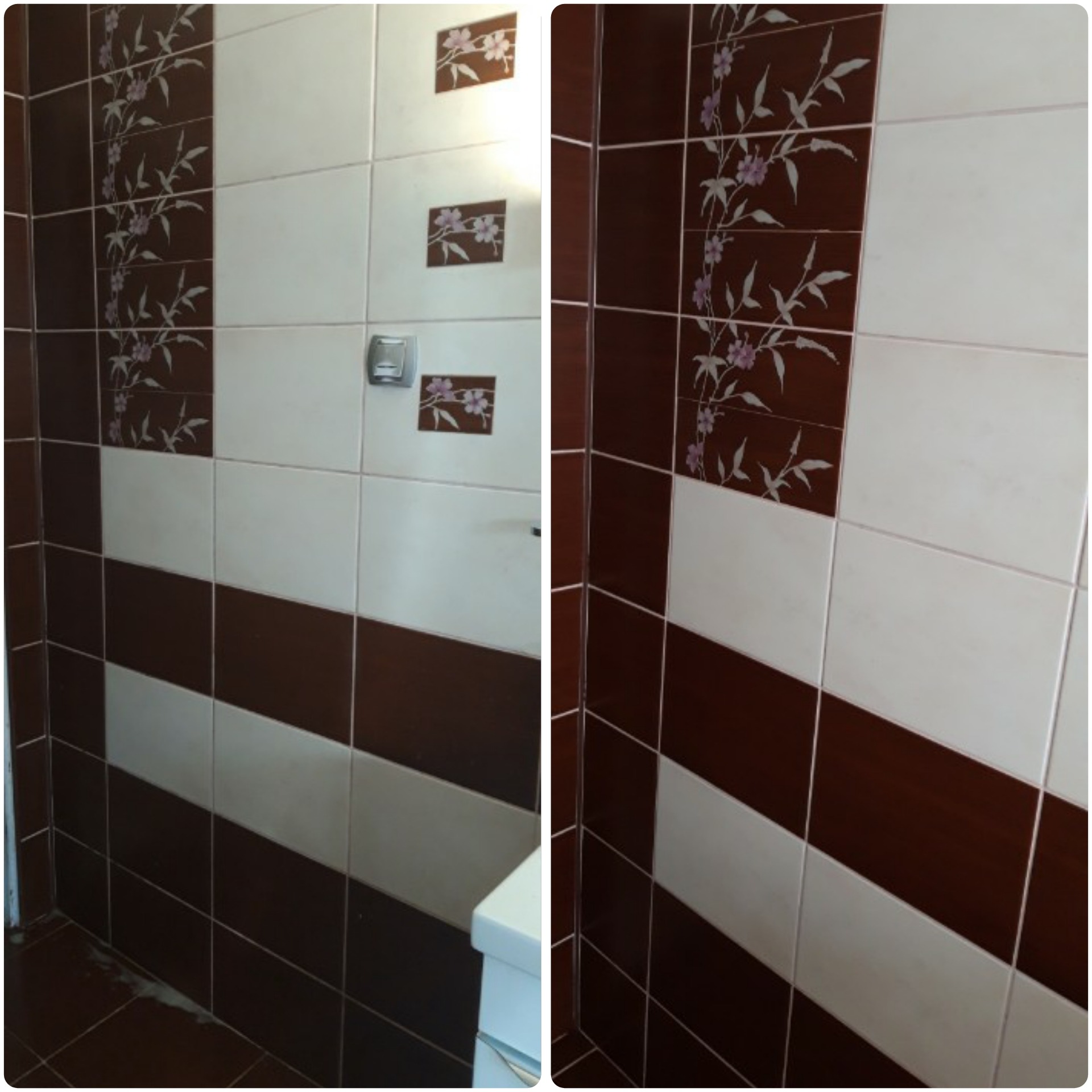 Wykończona łazienka z brązowo-białymi płytkami w pasy, z dekoracyjnymi wstawkami z motywem kwiatowym, widoczny fragment umywalki.