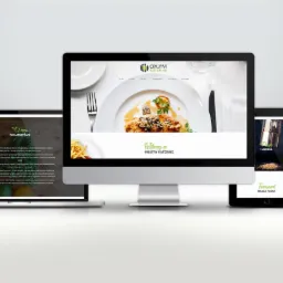 Responsywny układ strony internetowej firmy cateringowej Onufry Catering, wyświetlany na monitorze, laptopie, tablecie i smartfonie, prezentujący różne sekcje witryny, w tym menu i informacje...