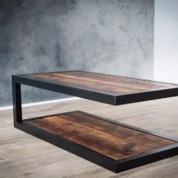 Stolik kawowy w stylu industrialnym z ciemnego drewna i czarnej, metalowej ramy, dwupoziomowy, na tle szarej ściany imitującej beton.
