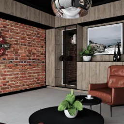 Wnętrze pokoju z ceglaną ścianą, na której wisi logo Indian Motorcycle Riders Group, brązowy fotel, czarne stoliki kawowe z roślinami i filiżanką, oraz drewniane panele na ścianach.