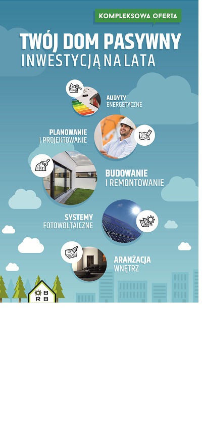 Grafika reklamowa kompleksowej oferty budowy domu pasywnego, prezentująca audyty energetyczne, planowanie i projektowanie, budowanie i remontowanie, systemy fotowoltaiczne oraz aranżację wnętrz.