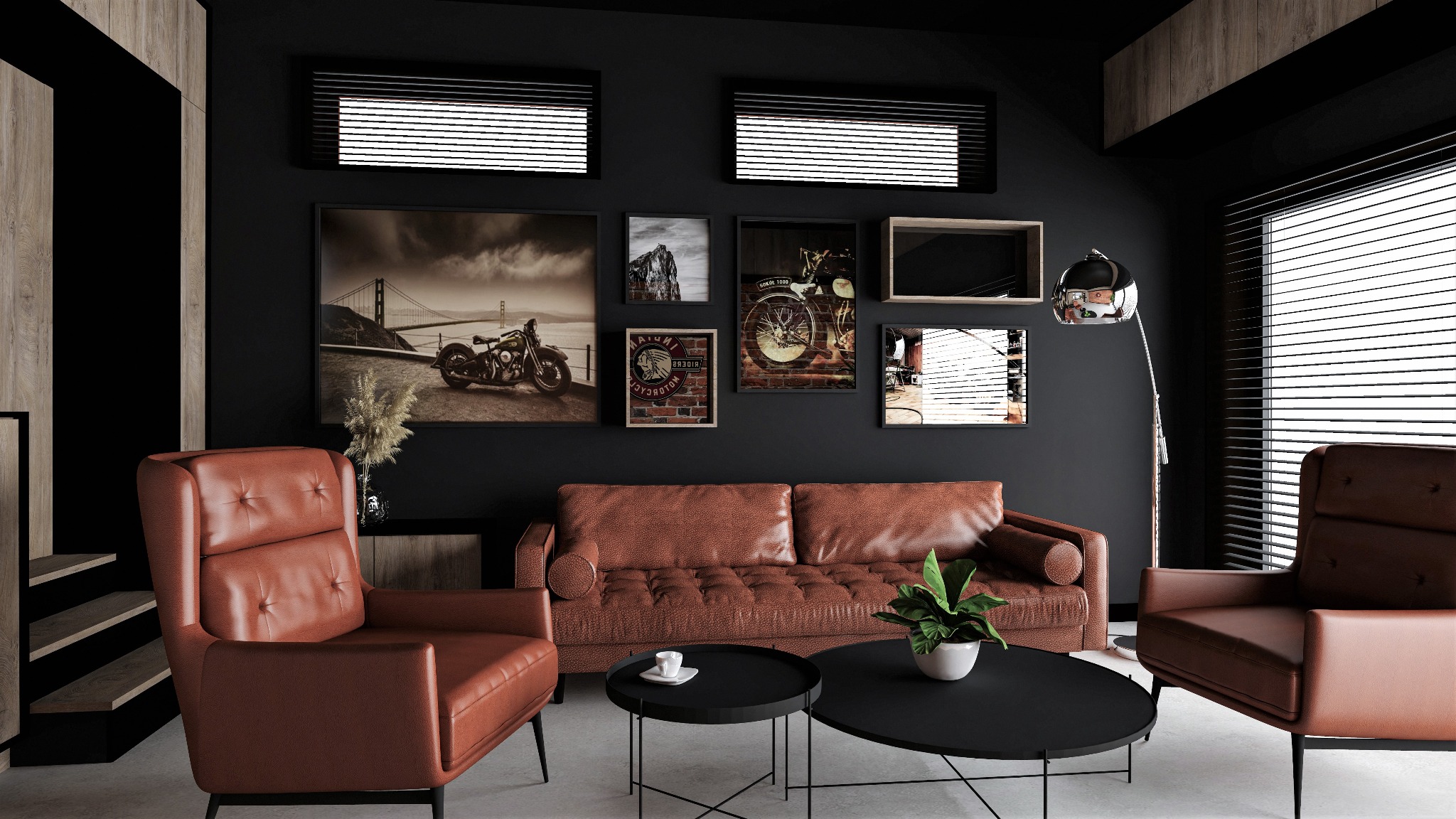 Nowoczesny salon w ciemnej tonacji z brązową skórzaną sofą i fotelami, czarnymi stolikami kawowymi i galerią obrazów na ścianie.