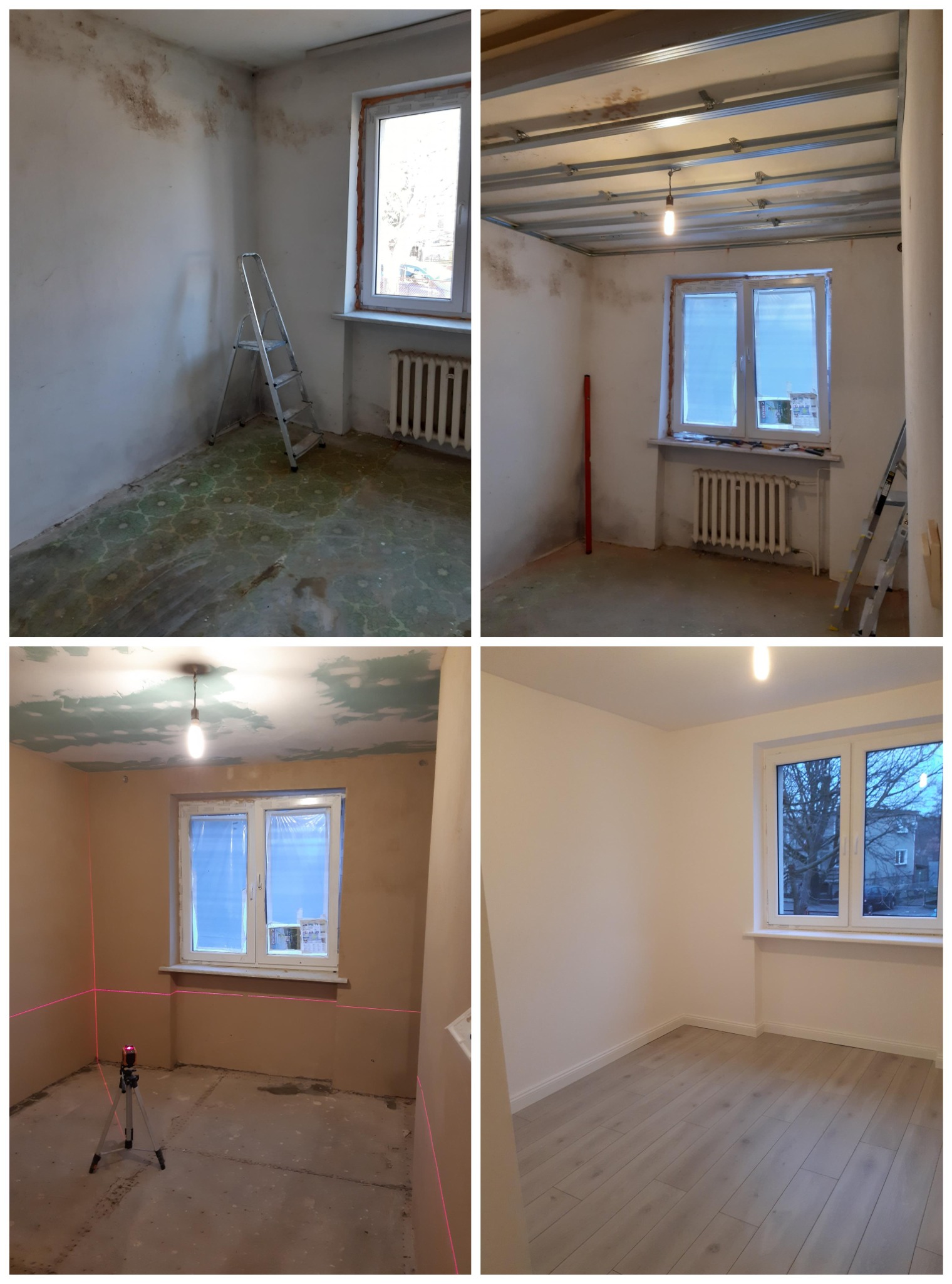 Cztery etapy przemiany pokoju: od surowego stanu z resztkami tapet i drabiny, przez montaż stelażu sufitowego i poziomowanie ścian laserem, aż po wykończone wnętrze z parkietem i świeżo...