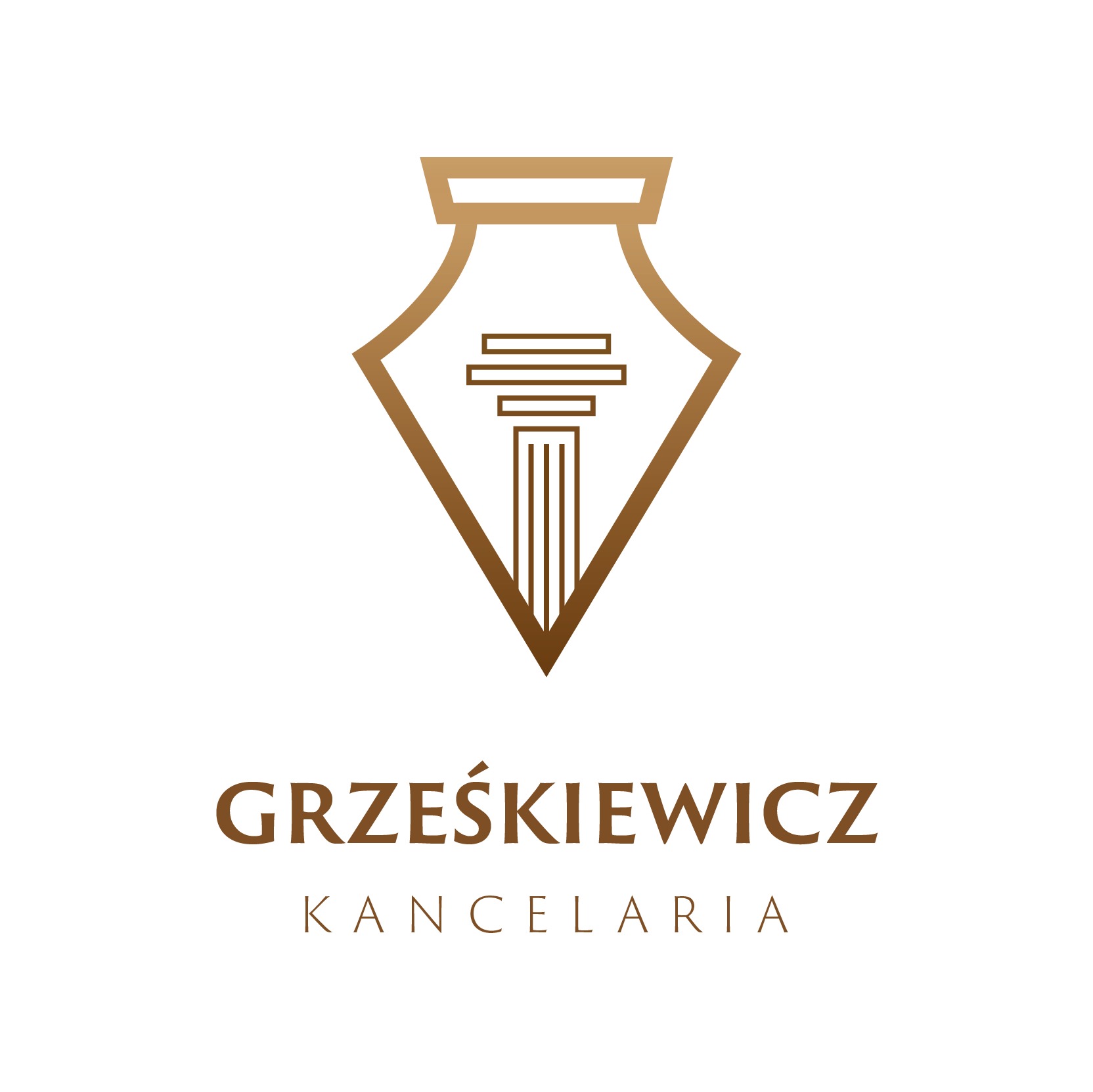 Złote logo kancelarii prawnej Grześkiewicz przedstawiające kolumnę w kształcie pióra na białym tle.