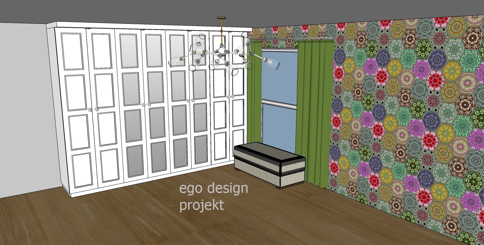 Wizualizacja szafy wnękowej z lustrzanymi frontami, nowoczesna lampa wisząca, zielone zasłony i wzorzysta tapeta w stylu mandala.
