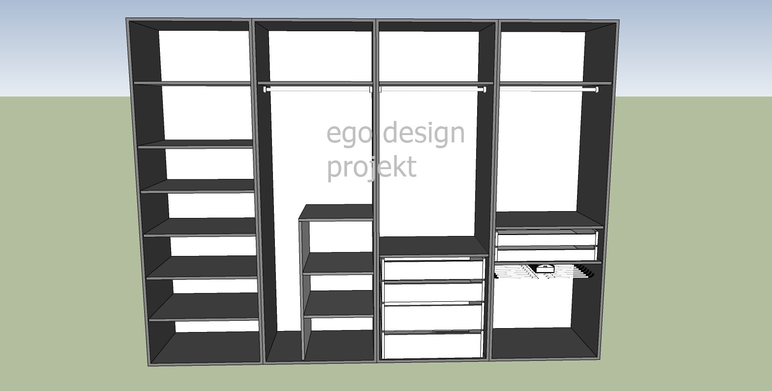 Wizualizacja 3D szafy wnękowej z szufladami, półkami i drążkami na ubrania, z widocznym napisem 'ego design projekt' na środkowej części.