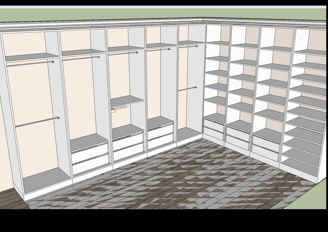 Wizualizacja 3D narożnej garderoby z białymi szafami i szufladami, widok z perspektywy podłogi wyłożonej płytkami imitującymi drewno.