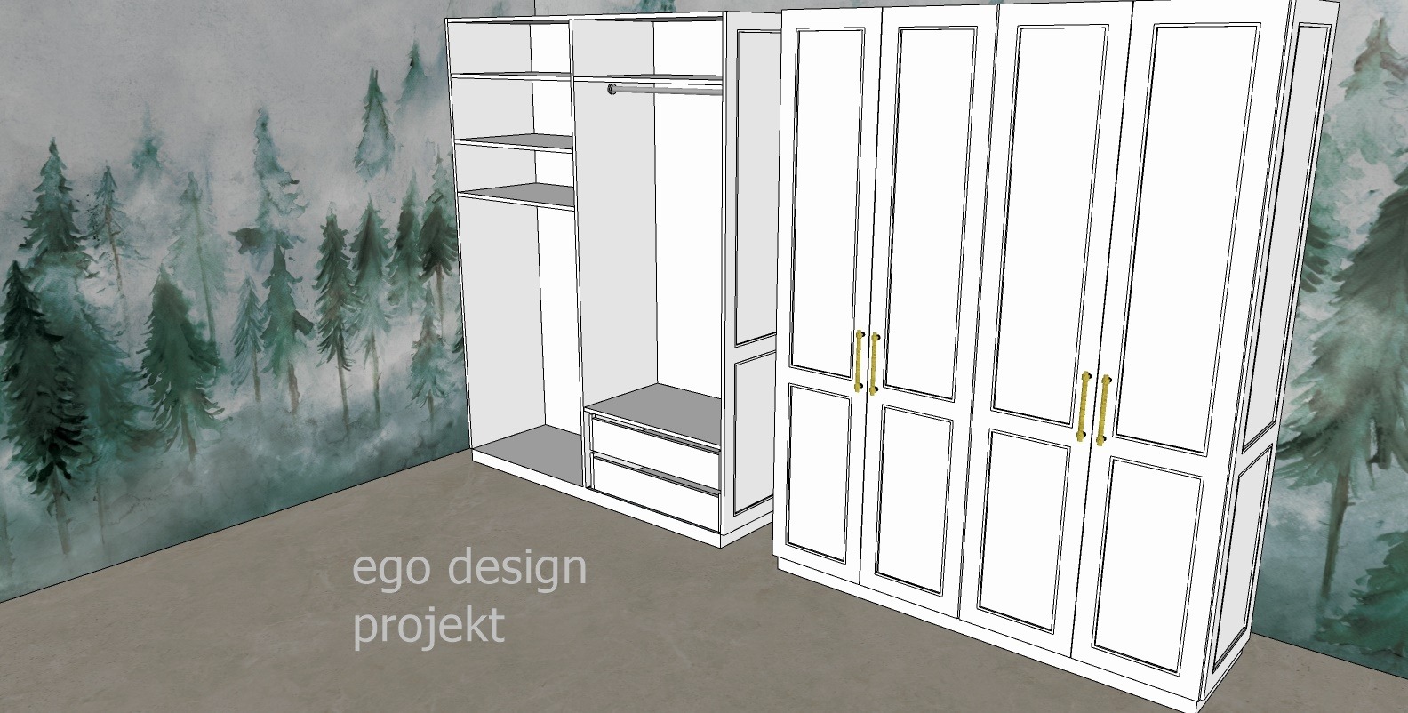 Wizualizacja 3D białej szafy z złotymi uchwytami na tle ściany z motywem leśnym, prezentująca projekt 'ego design projekt'.