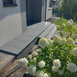 Zewnętrzne schody wejściowe wyłożone szarą, kwadratową płytką. Obok rabata z białymi kwiatami hortensji. Widoczny fragment elewacji budynku i trawnik.