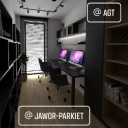 Wizualizacja nowoczesnego biura domowego z dwoma stanowiskami pracy, czarnymi meblami, drewnianą podłogą i oknem z żaluzjami.