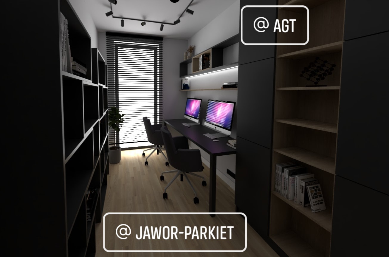 Wizualizacja nowoczesnego biura domowego z dwoma stanowiskami pracy, czarnymi meblami, drewnianą podłogą i oknem z żaluzjami.