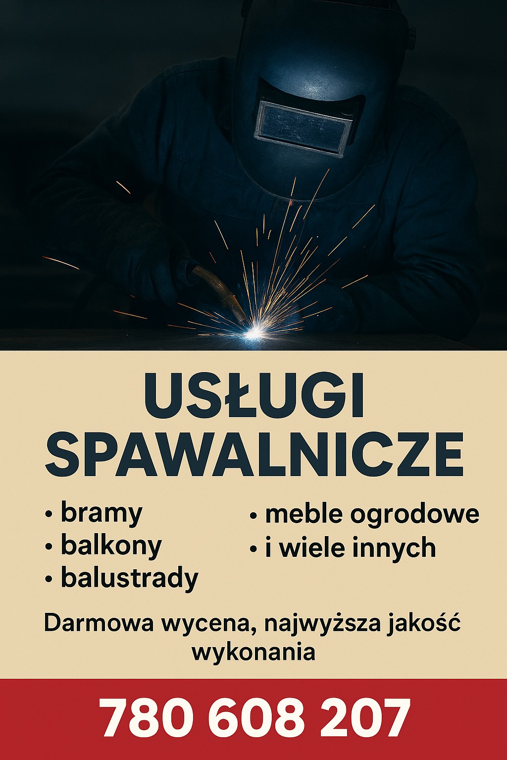 Reklama usług spawalniczych: spawacz w masce podczas pracy, iskry, oferta bram, balkonów, balustrad, mebli ogrodowych, darmowa wycena, numer telefonu.