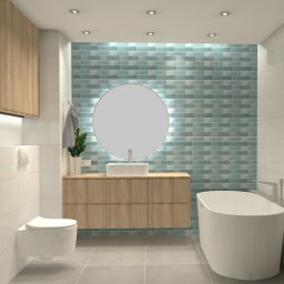 Bitte wählen Sie ... - Wizualizacja nowoczesnej łazienki z owalnym lustrem podświetlanym od tyłu, drewnianą szafką pod umywalką i wanną wolnostojącą na tle ściany wyłożonej turkusowymi płytkami w kształcie cegiełek.