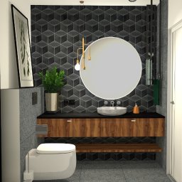 Bitte wählen Sie ... - Nowoczesna łazienka z geometryczną tapetą, okrągłym lustrem z oświetleniem punktowym, wiszącą szafką z drewnianym fornirem, umywalką z szarego kamienia i wiszącą toaletą.