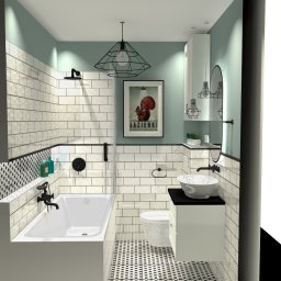 Bitte wählen Sie ... - Wizualizacja łazienki w stylu retro z białymi płytkami, czarną armaturą, geometryczną lampą wiszącą i plakatem z wiewiórką.