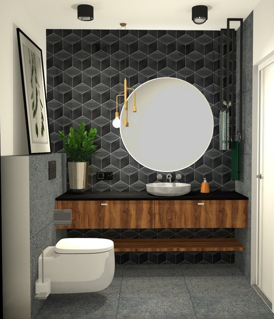 Nowoczesna łazienka z geometryczną tapetą, okrągłym lustrem z oświetleniem punktowym, wiszącą szafką z drewnianym fornirem, umywalką z szarego kamienia i wiszącą toaletą.