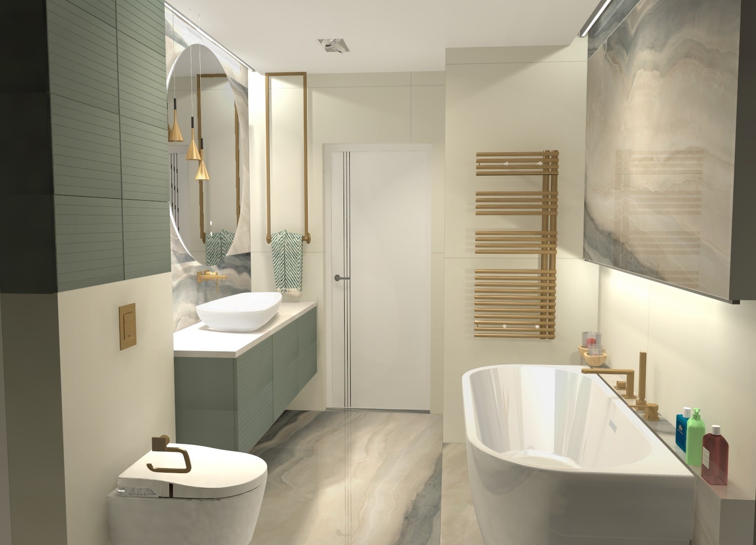 Wizualizacja łazienki z owalnym lustrem, umywalką nablatową, grzejnikiem drabinkowym i wanną wolnostojącą, wykończona w odcieniach bieli, szarości i zieleni.