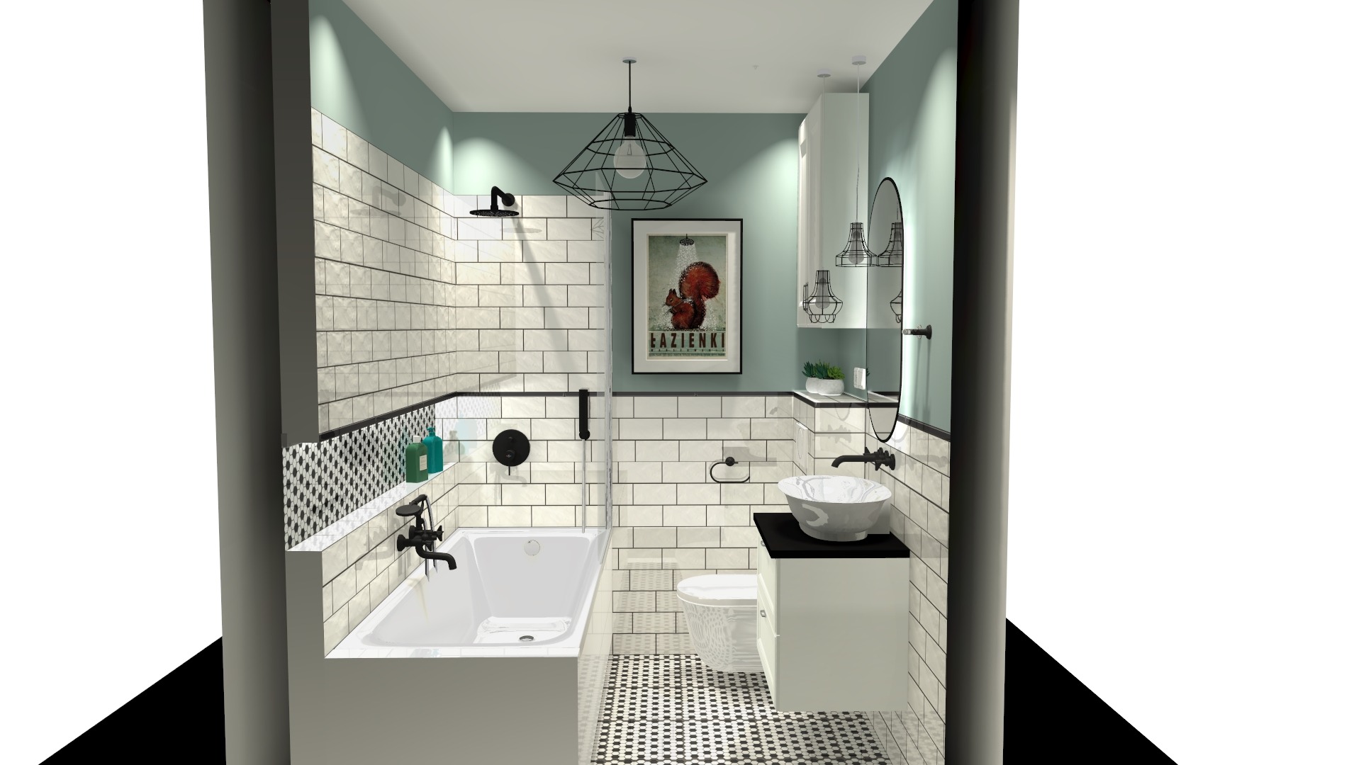 Wizualizacja łazienki w stylu retro z białymi płytkami, czarną armaturą, geometryczną lampą wiszącą i plakatem z wiewiórką.