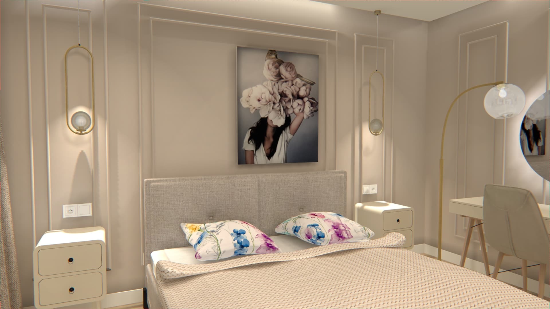 Beżowa sypialnia z łóżkiem, dwoma stolikami nocnymi i toaletką z okrągłym lustrem. Nad łóżkiem wisi obraz z motywem kwiatowym.