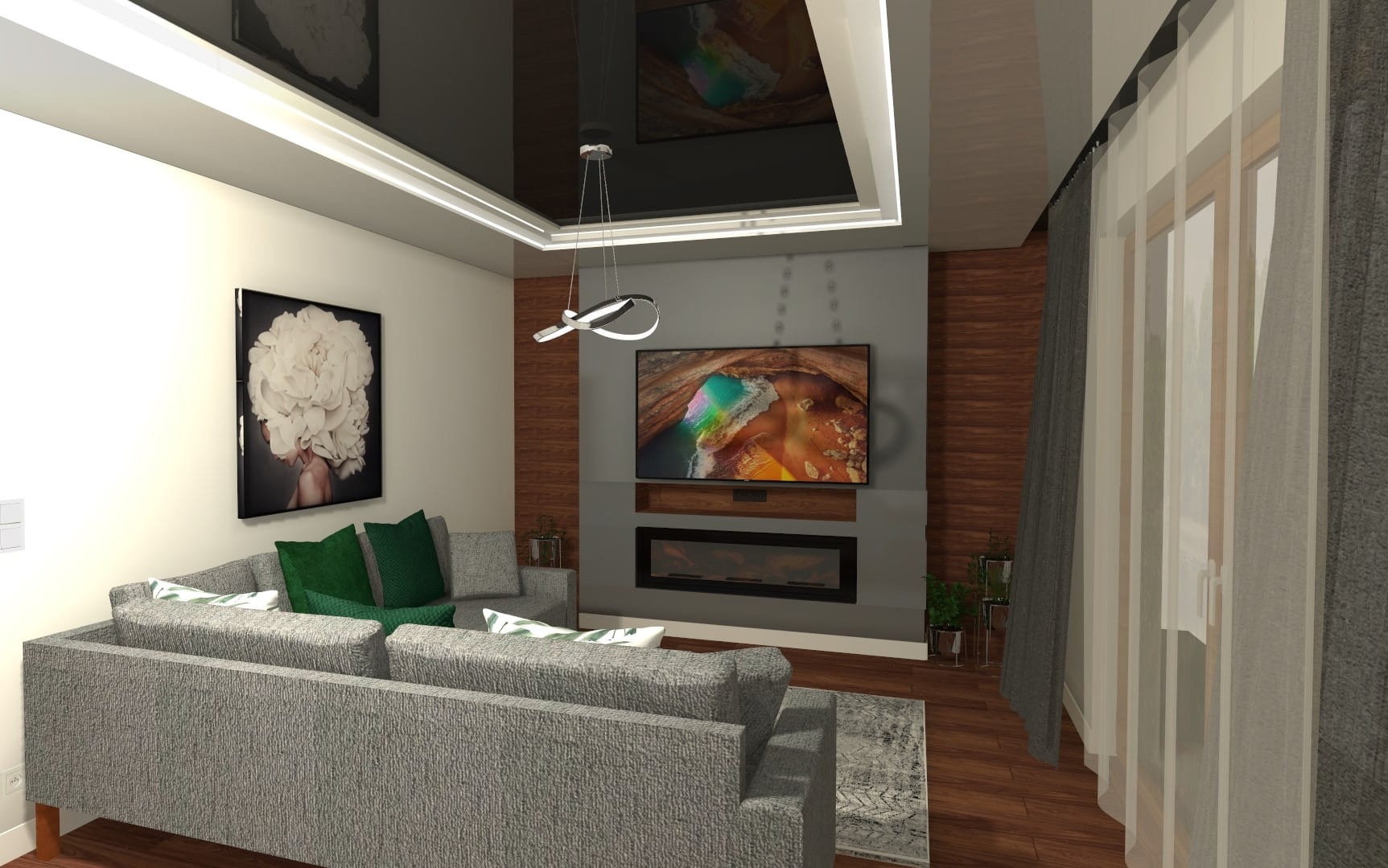 Nowoczesny salon z szarą sofą narożną, zielonymi poduszkami, telewizorem nad elektrycznym kominkiem i błyszczącym czarnym sufitem podwieszanym z oświetleniem LED.