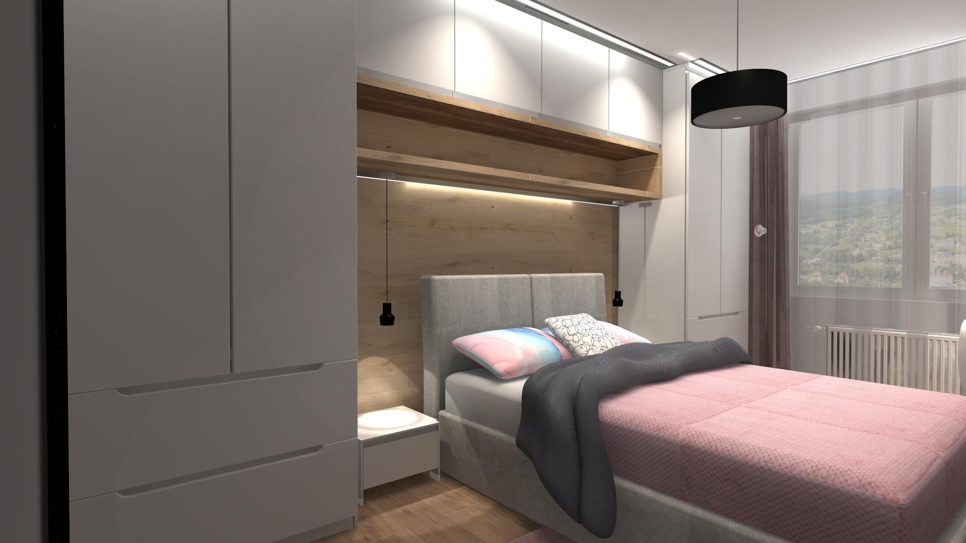 Wizualizacja sypialni z łóżkiem, szafką nocną, szafą w zabudowie i drewnianą ścianą za wezgłowiem, oświetloną punktowo i taśmą LED.