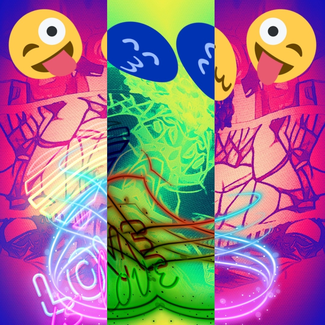 Abstrakcyjna, kolorowa kompozycja z motywami emoji i neonowymi napisami, w stylu pop-art.