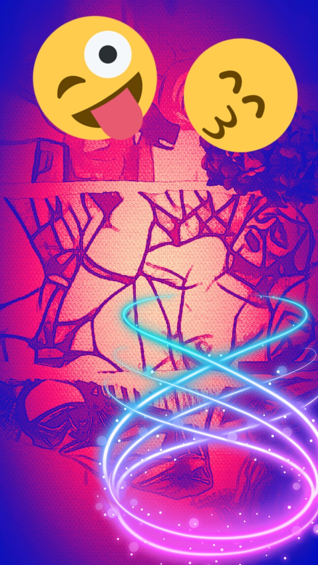 Abstrakcyjna grafika w odcieniach różu i fioletu z nakładką emoji i neonowymi liniami.