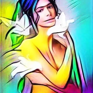 Ilustracja kobiety z kolorowymi włosami i białymi kwiatami, stylizowana na obraz cyfrowy z efektem rozmycia i intensywnymi barwami.