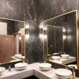 Nowoczesna łazienka publiczna z umywalkami wpuszczanymi w biały blat, złotymi bateriami i lustrami w złotych ramach na tle ściany wyłożonej czarnym marmurem. Na ścianie zamontowane podłużne lampy...