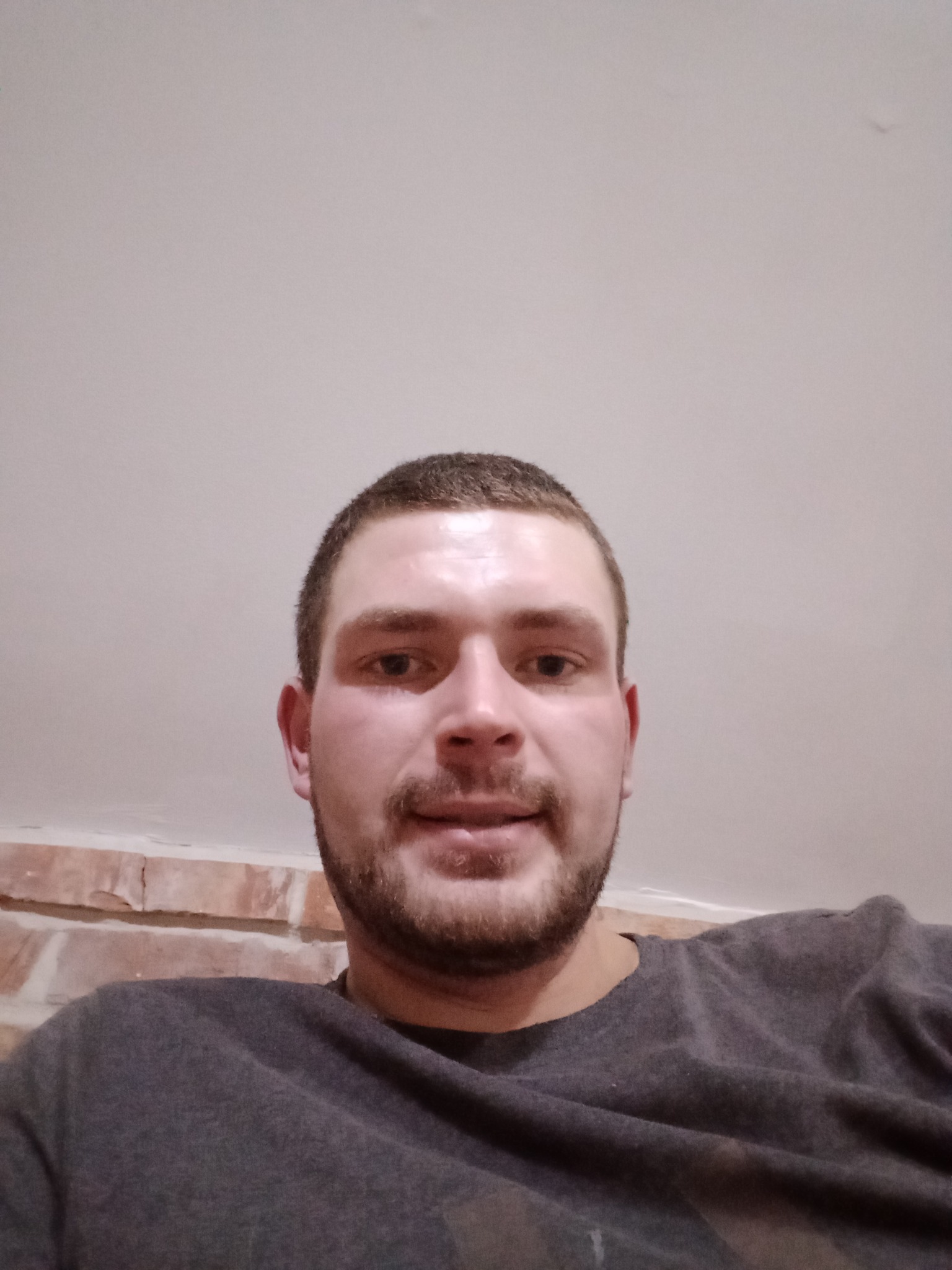 Portret mężczyzny z krótką brodą i włosami, ubrany w szarą koszulkę, z fragmentem ceglanej ściany w tle.