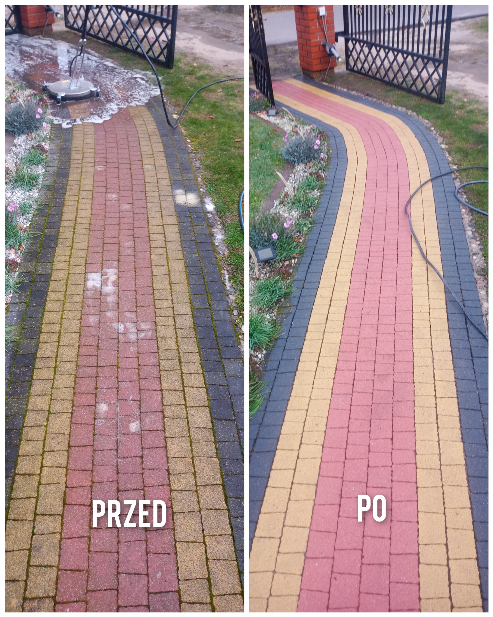 Porównanie kostki brukowej przed i po czyszczeniu z użyciem myjki ciśnieniowej, widoczne różnice w kolorze i usunięciu zabrudzeń, z napisem 'PRZED' i 'PO'.