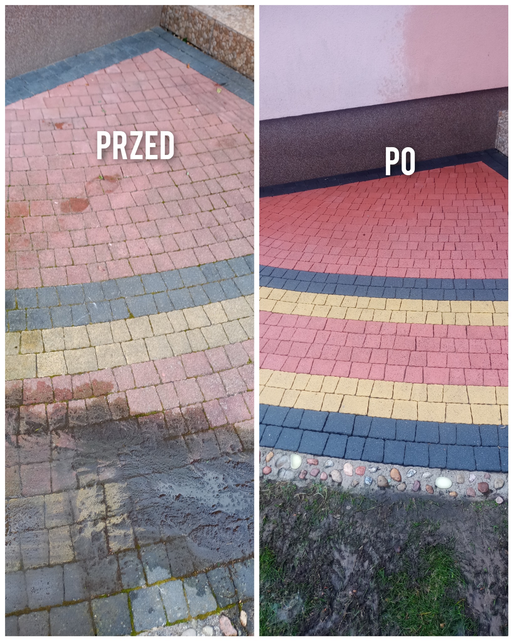 Porównanie stanu kostki brukowej przed i po czyszczeniu, widoczne różnice w kolorze i czystości, z napisami 'PRZED' i 'PO'.