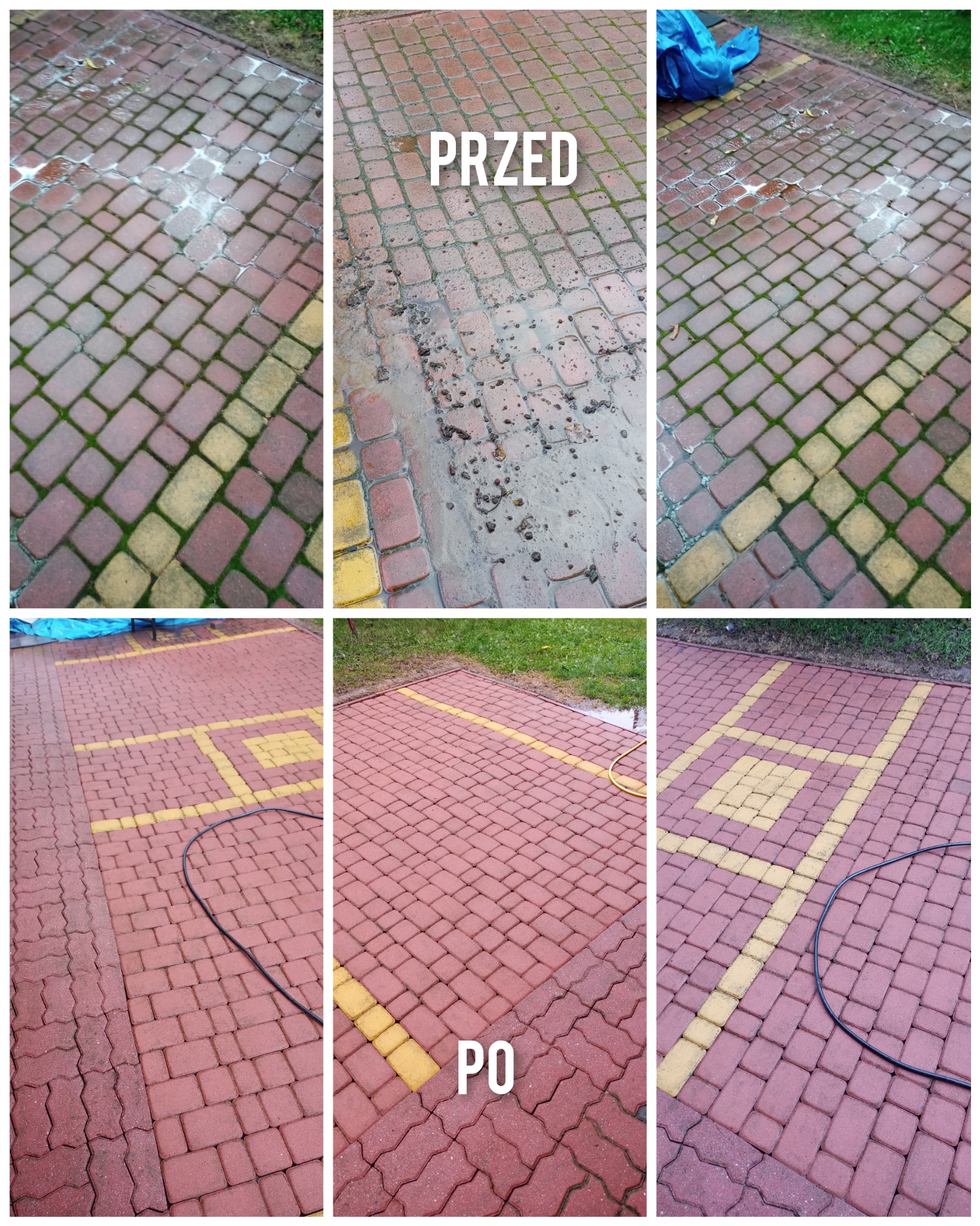 Porównanie kostki brukowej przed i po czyszczeniu: fragment zarośniętej i zabrudzonej kostki, zestawiony z odnowioną, czerwoną kostką z żółtymi elementami, na której widać ślady po myciu wodą...