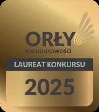 Złota statuetka 'Orły Rachunkowości - Laureat Konkursu 2025' na czarnym tle. Symbol prestiżu i uznania w branży rachunkowej.