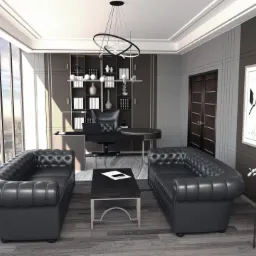 Eleganckie biuro w wieżowcu z dwoma czarnymi sofami Chesterfield, biurkiem i regałem z dekoracjami, oświetlone nowoczesną lampą wiszącą.