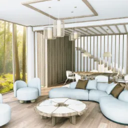 Jasne, przestronne wnętrze z widokiem na las, wyposażone w miękkie, pastelowe meble, okrągły stolik kawowy z marmurowym blatem i ażurowe lampy wiszące.
