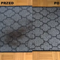 Dywan z geometrycznym wzorem, podzielony na dwie części: 'Przed' z widoczną, dużą plamą i 'Po' - czysty, na parkiecie z datą 10 lut 2022.