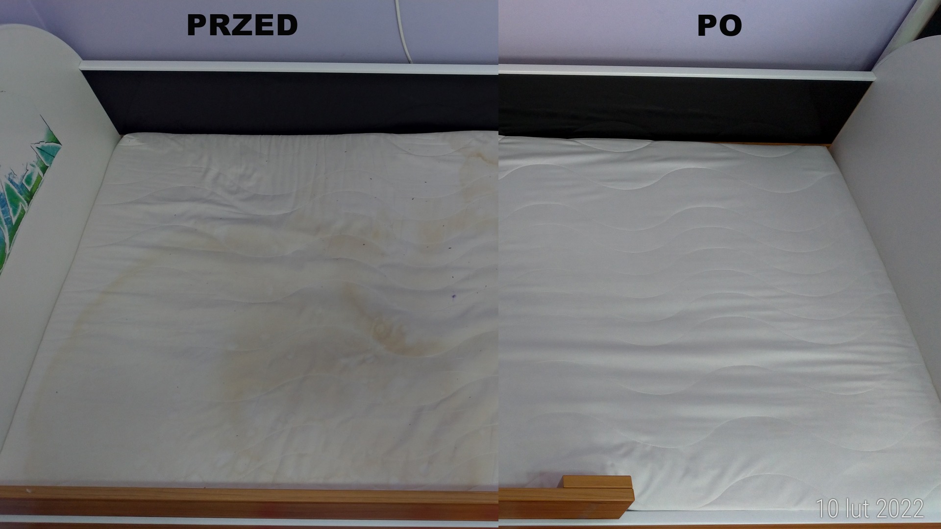 Porównanie materaca dziecięcego przed i po czyszczeniu, widoczne plamy usunięte po prawej stronie.