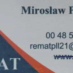 Wizytówka firmy remontowej Mirosław Puchalski, zawierająca logo REMAT, numer telefonu, adres e-mail rematpll21@gmail.com oraz adres strony internetowej www.remat.za.pl.