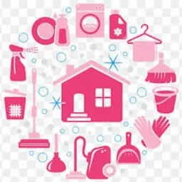 Różowy ikona domu otoczona symbolami sprzątania i prania: talerz, płyn, pralka, proszek, wieszak, szczotka, wiadro, rękawice, szufelka, spryskiwacz, mop, kosz, przepychacz, odkurzacz. Grafika...