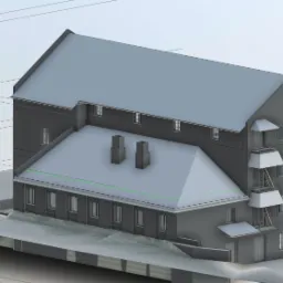 Model 3D budynku z zewnętrznymi schodami pożarowymi, widoczne detale architektoniczne i otoczenie.