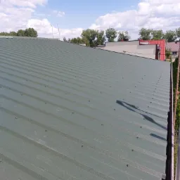 Zielony blaszany dach z widocznymi śrubami mocującymi, fragment drabiny i liny z bloczkiem w prawym górnym rogu, domy i drzewa w tle.