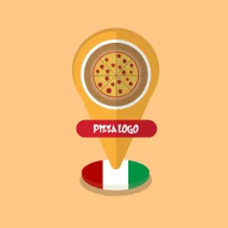 Stylizowany znacznik lokalizacji z pizzą wewnątrz, umieszczony nad elipsoidą w barwach flagi Włoch, z napisem 'PIZZA LOGO' na czerwonym tle.