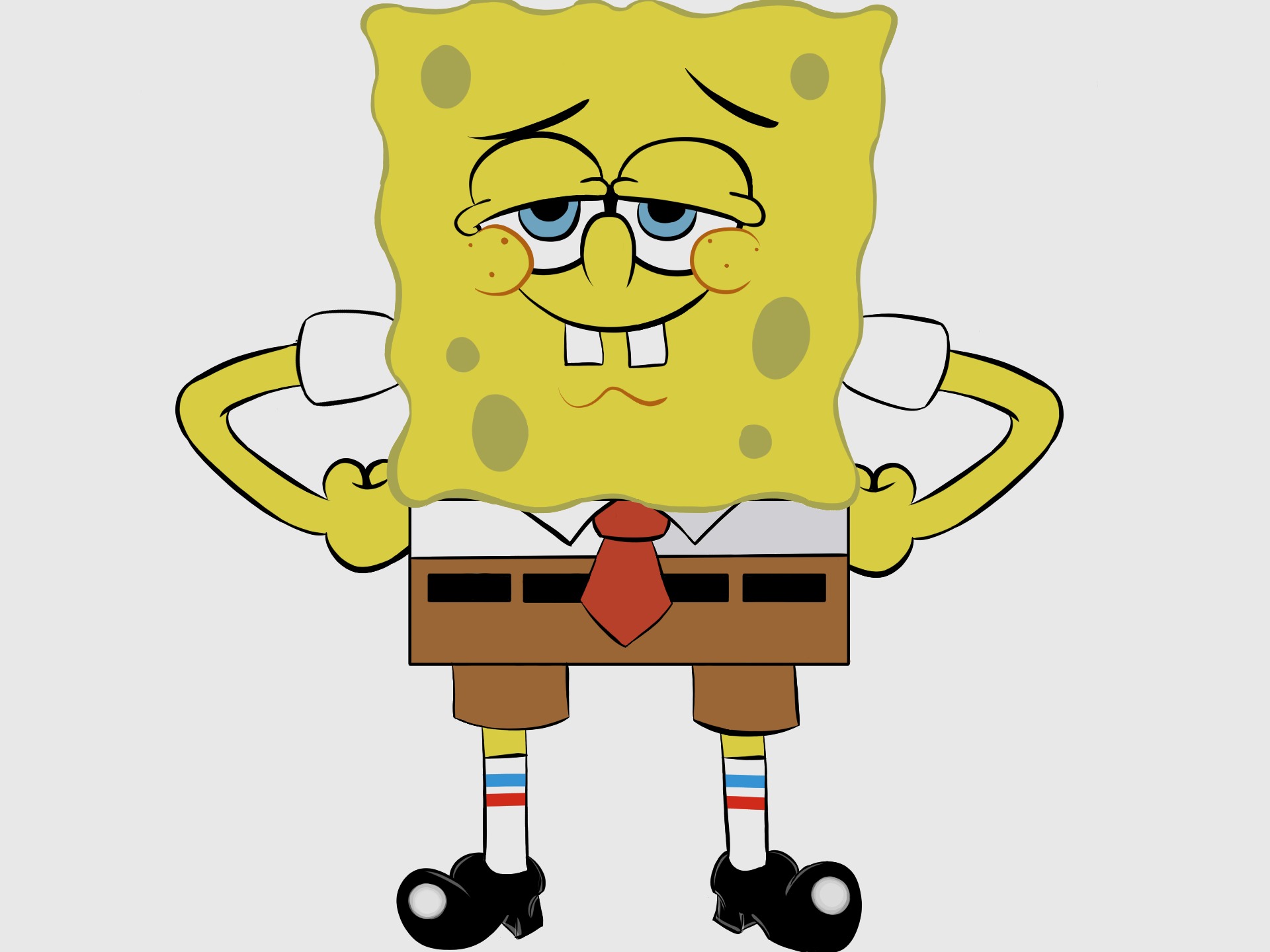 Stylizowana ilustracja SpongeBoba Kanciastoportego, postaci z kreskówki, z rękami na biodrach, uśmiechem i czerwonym krawatem na białym tle.