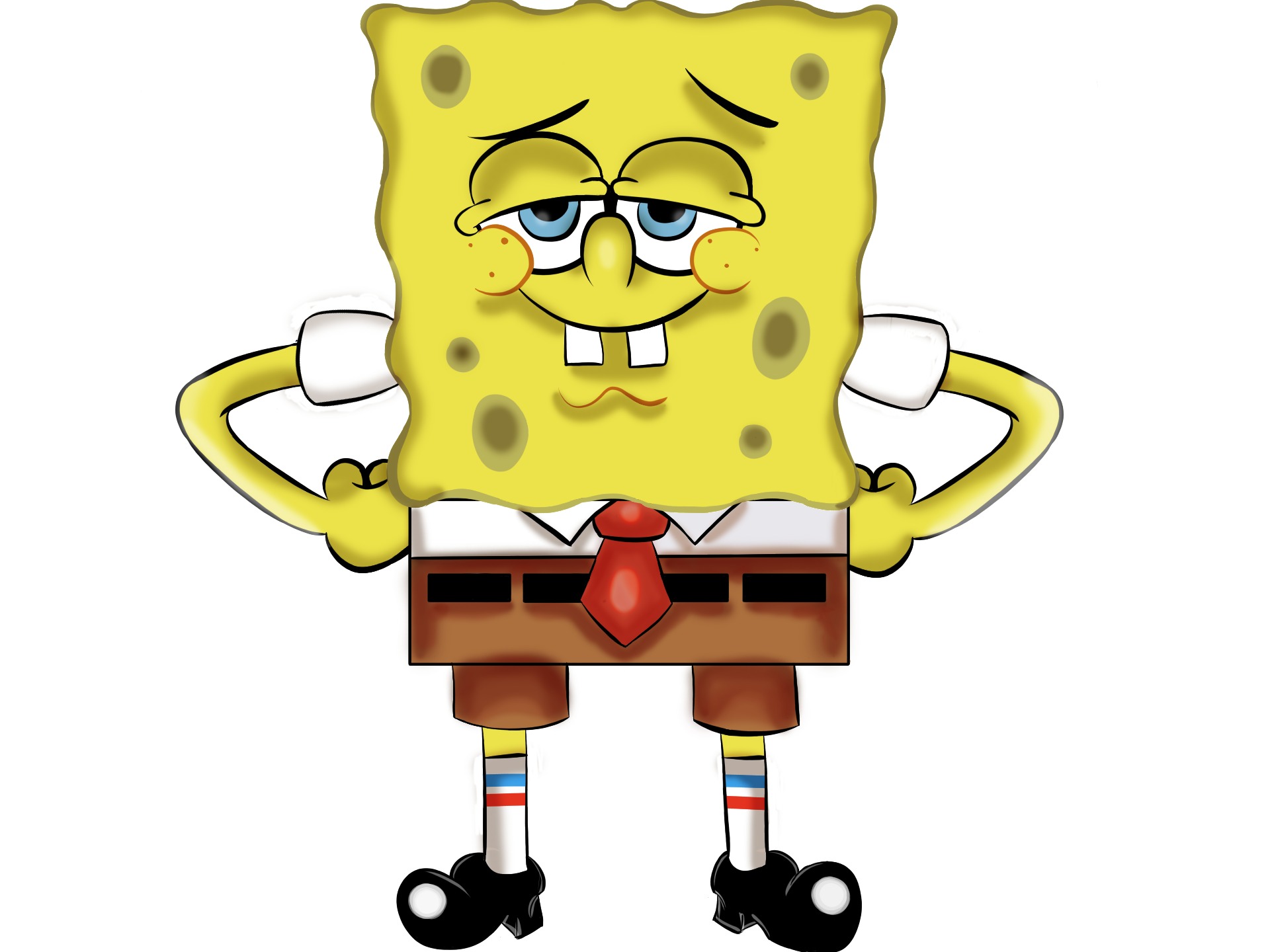 Ręcznie rysowana postać SpongeBoba Kanciastoportego z przymrużonymi oczami, uśmiechem i rękami opartymi na biodrach.
