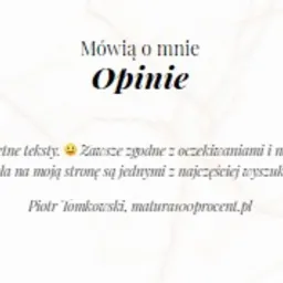 Ekran z referencjami: Pozytywna opinia o pani Natalii piszącej teksty, umieszczona na stronie internetowej z marmurkowym tłem.