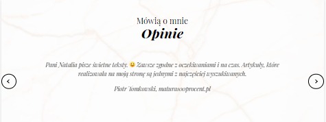 Ekran z referencjami: Pozytywna opinia o pani Natalii piszącej teksty, umieszczona na stronie internetowej z marmurkowym tłem.