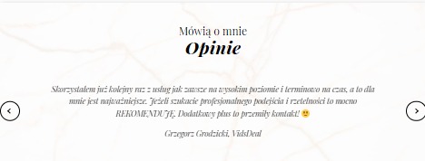 Referencje klienta Grzegorza Grodzickiego z VidsDeal, dotyczące wysokiego poziomu usług i terminowości, z rekomendacją profesjonalnego podejścia i rzetelności, opublikowane w sekcji 'Opinie'.