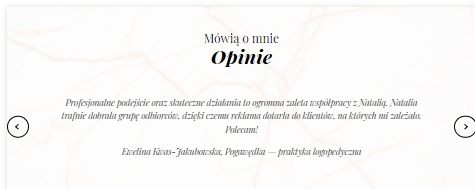 Slajd z pozytywną opinią klientki Eveliny Kivas-Jakubowskiej, logopedy, o profesjonalnej współpracy z Natalią, która skutecznie dobrała grupę odbiorców reklamy.