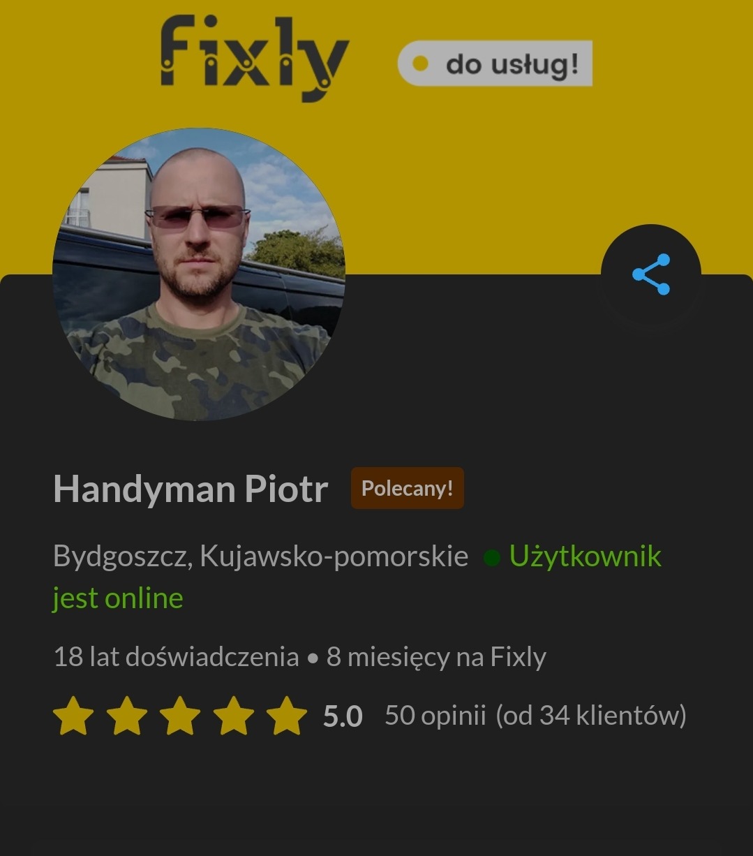Zdjęcie profilowe Handymana Piotra na platformie Fixly, z oceną 5.0 i statusem 'Polecany!'